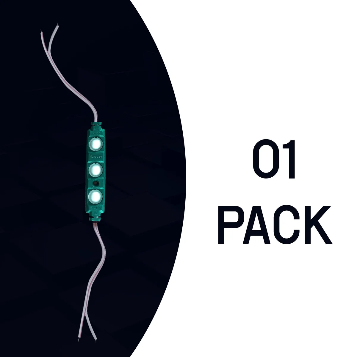 Green LED module showing compact rectangular design with sealed casing and double-sided adhesive strip for mounting