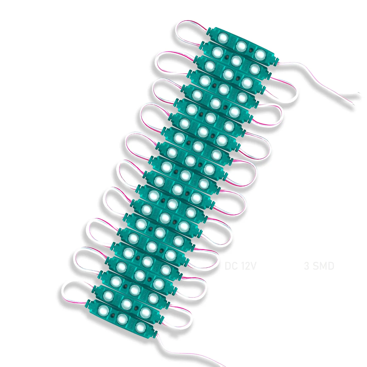 Green LED module showing compact, waterproof design with adhesive backing for easy mounting in signage applications