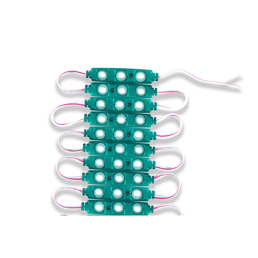 Green LED module showing compact rectangular design with double-sided adhesive backing for easy mounting
