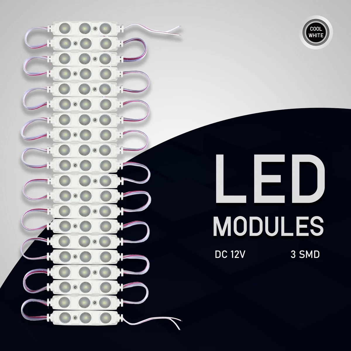 Cool white 12V LED strip light modules with IP67 waterproof rating and adhesive backing for easy installation