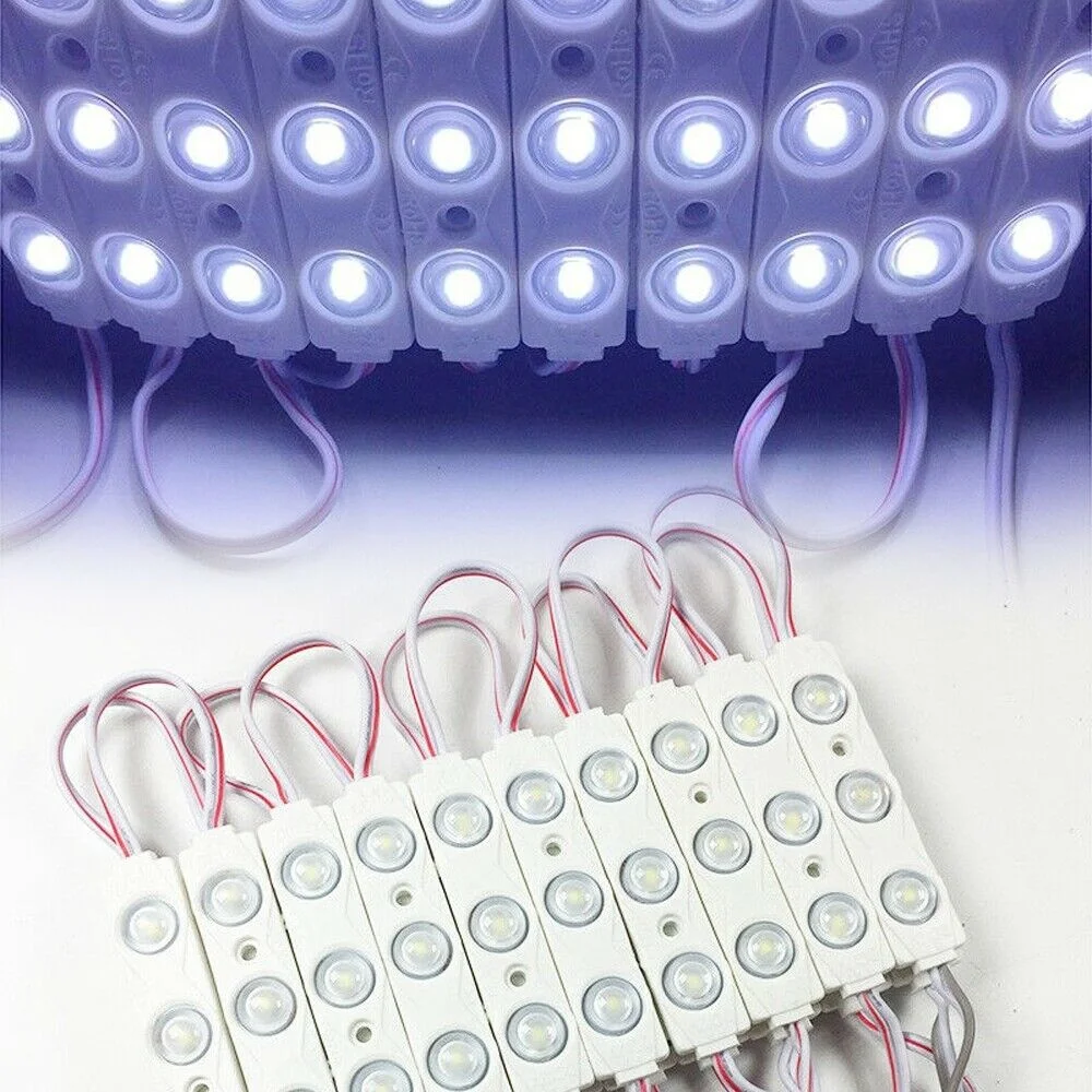 Close-up of cool white IP67 12V LED module strip with tape, showcasing energy efficient LED lighting for outdoor use