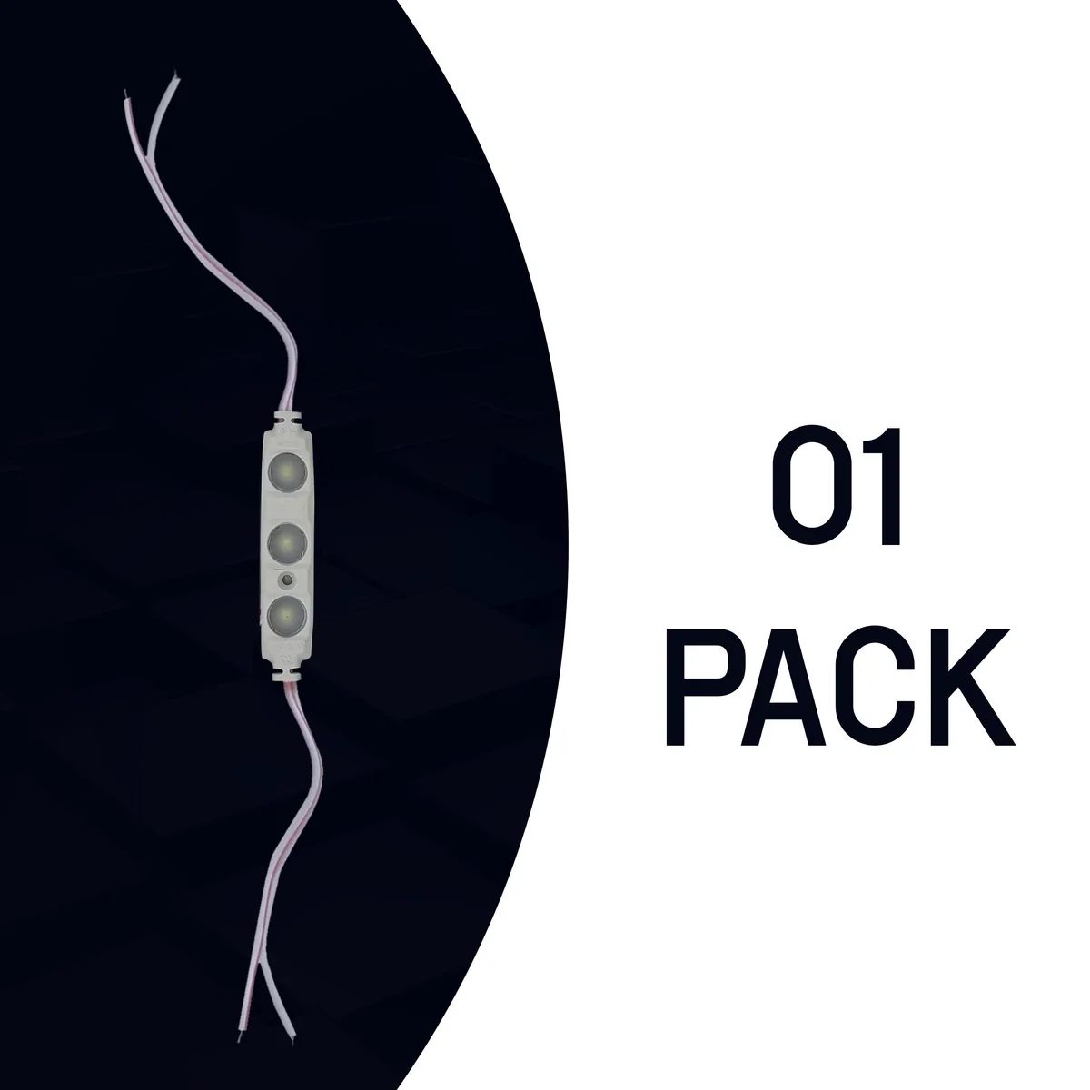 Cool white LED module with IP67 waterproof rating, self-adhesive tape, and 12V power connection shown in close-up view