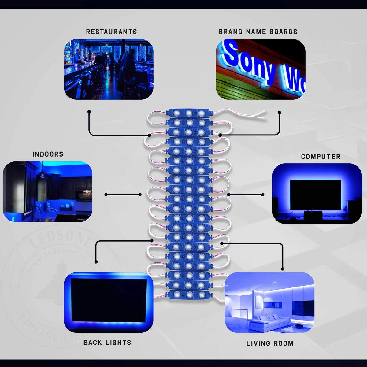 Blue waterproof LED module with double-sided adhesive strip, designed for 12V sign backlighting and outdoor use