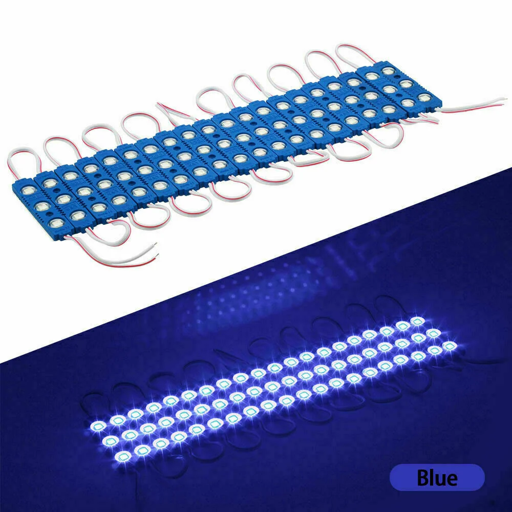 Blue IP67 LED module strip showing multiple connected 12V waterproof LED modules with adhesive backing
