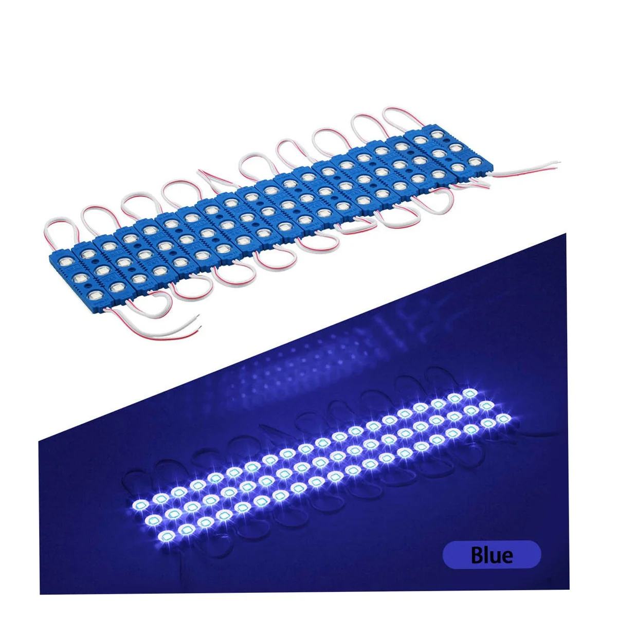 Blue 12V sign backlight LED module with IP67 waterproof casing and double-sided adhesive for easy installation