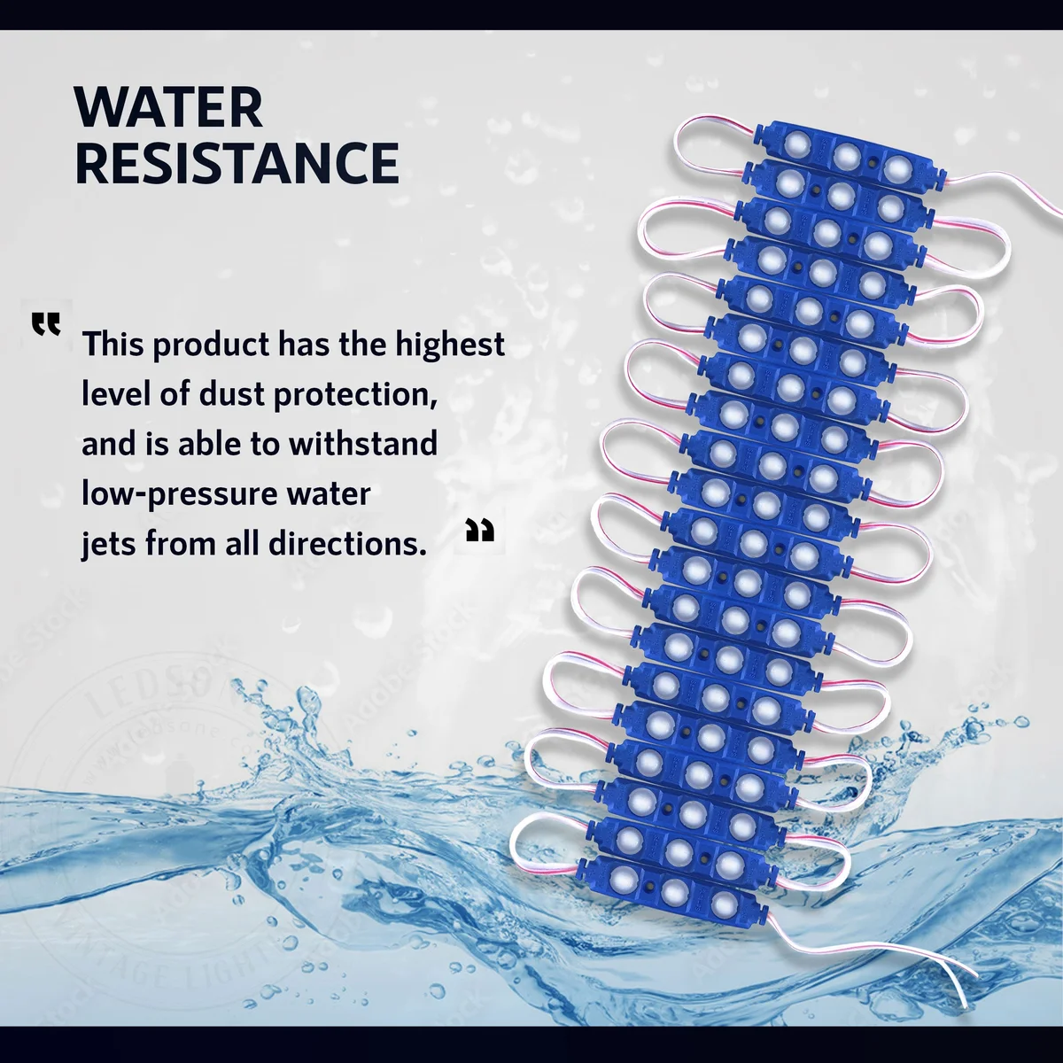 Blue LED strip light module with IP67 waterproof casing and double-sided adhesive backing for easy installation