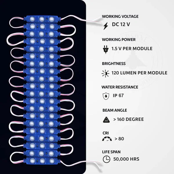 Six 12V blue LED modules with IP67 waterproof casing arranged in a row showing adhesive backing for easy installation