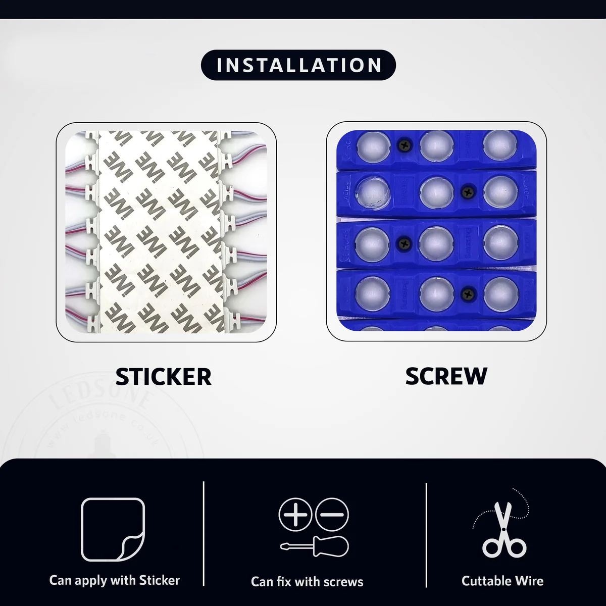 Single 12V blue LED module with waterproof IP67 casing and double-sided adhesive for easy installation