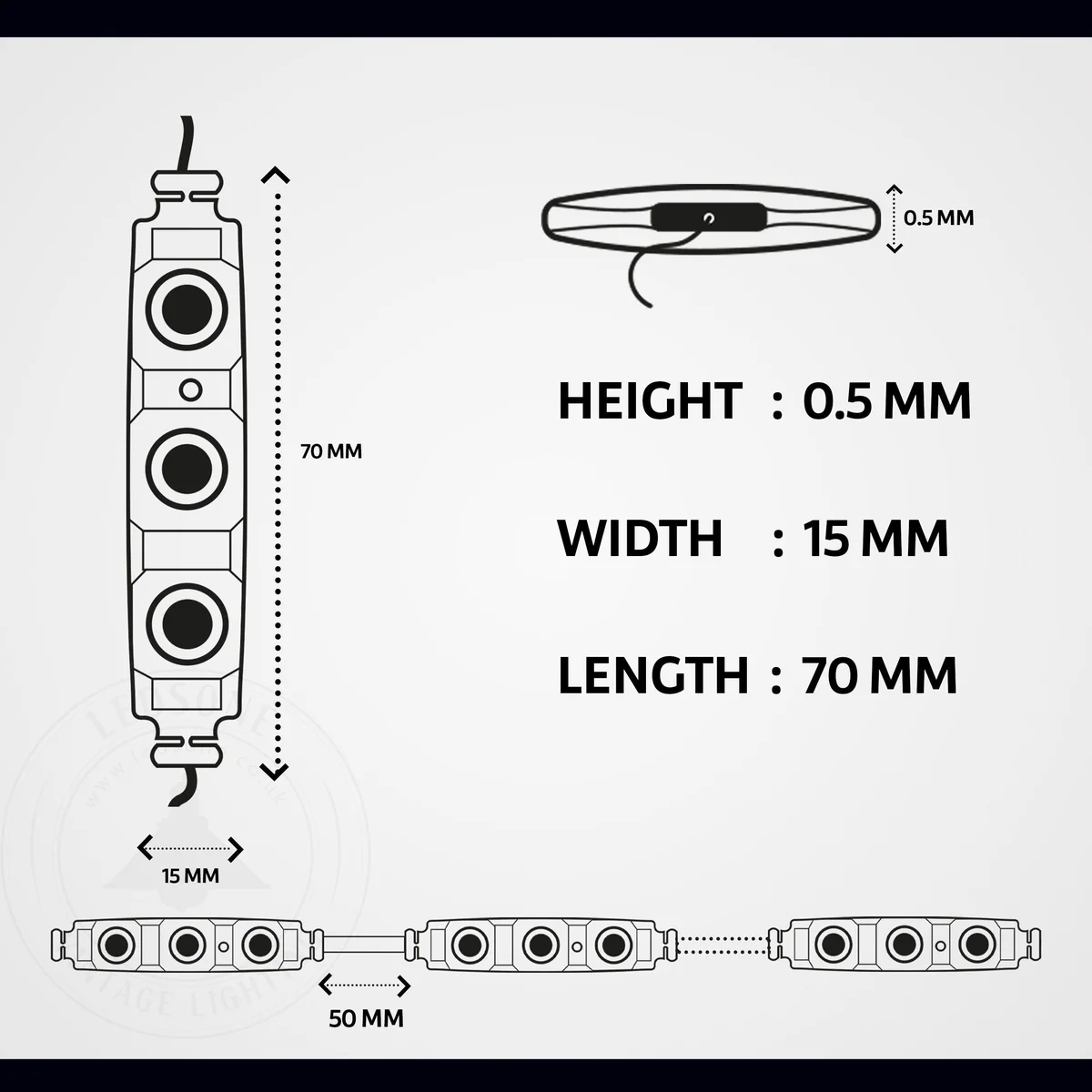 12V blue LED module showing compact design with waterproof IP67 casing and double-sided adhesive strip attached