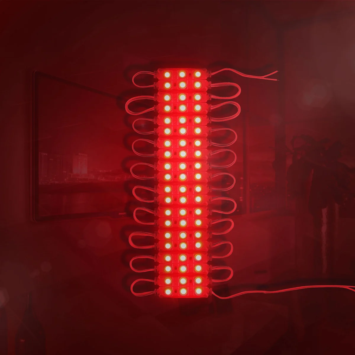Red LED module 12V strip light with multiple high-brightness SMD LEDs and double-sided adhesive backing