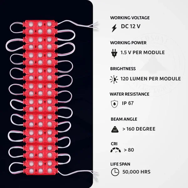 Close-up of IP67 rated 12V red LED light module strip with SMD LEDs and double-sided adhesive backing