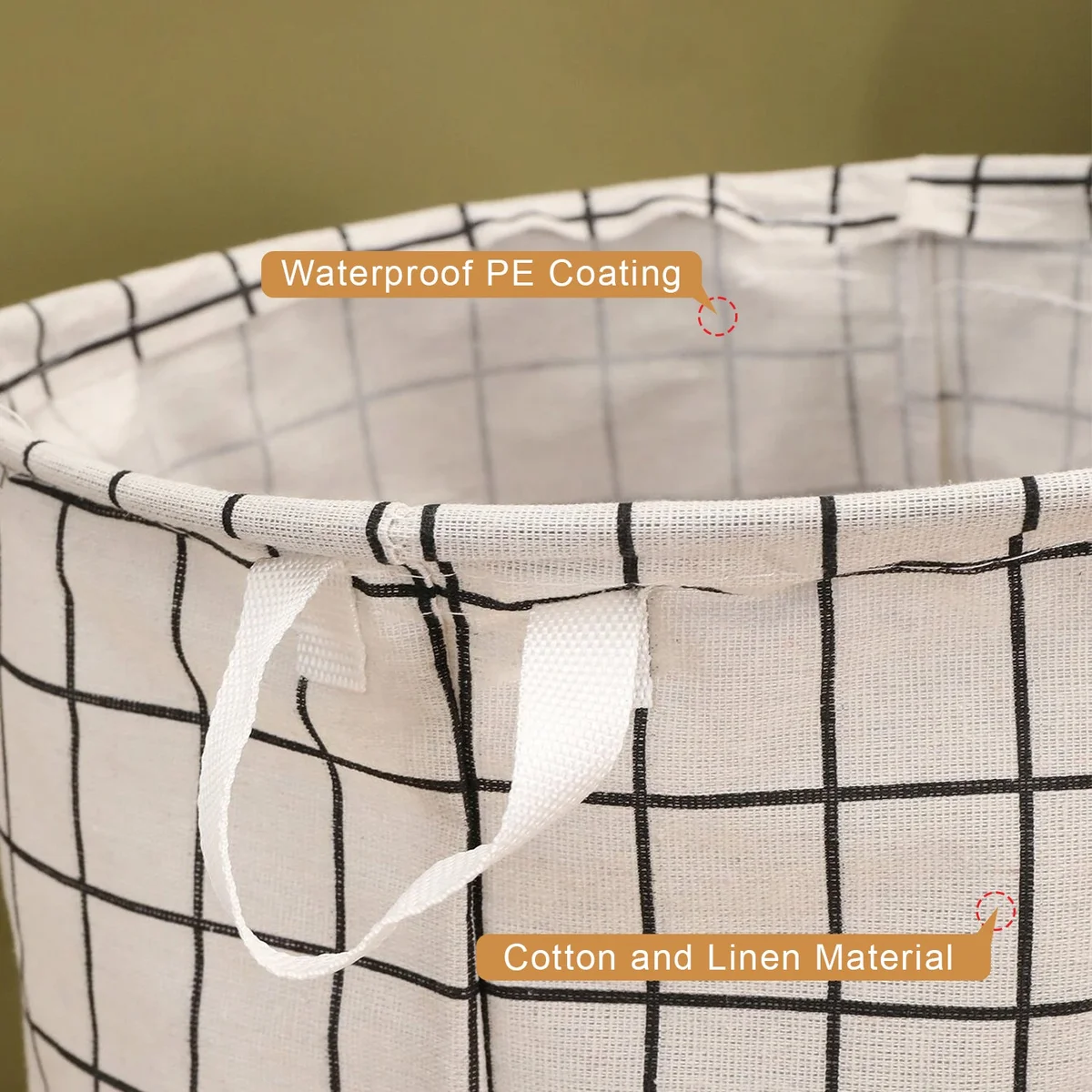Two large black and white cotton laundry bags with foldable design and waterproof lining, shown standing upright