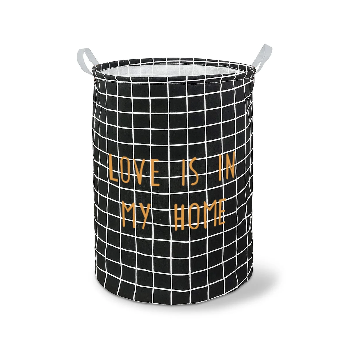 Two large black and white foldable laundry bags made of cotton with waterproof inner layer, shown side by side
