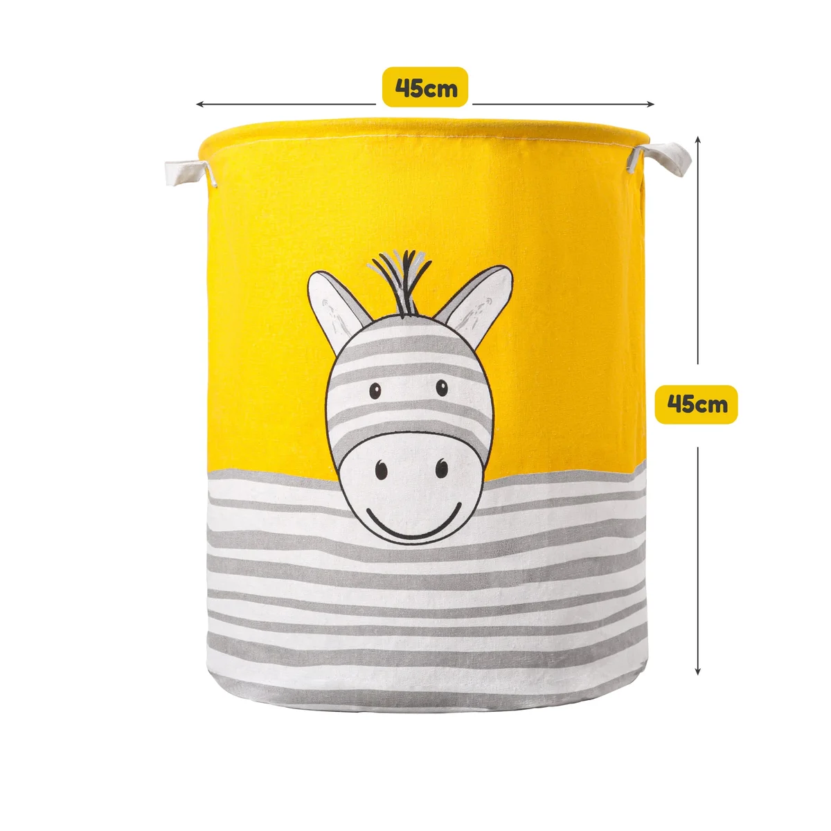 Two foldable laundry baskets with zebra face print in yellow, gray, and white, made of cotton, round shape, 45cm tall