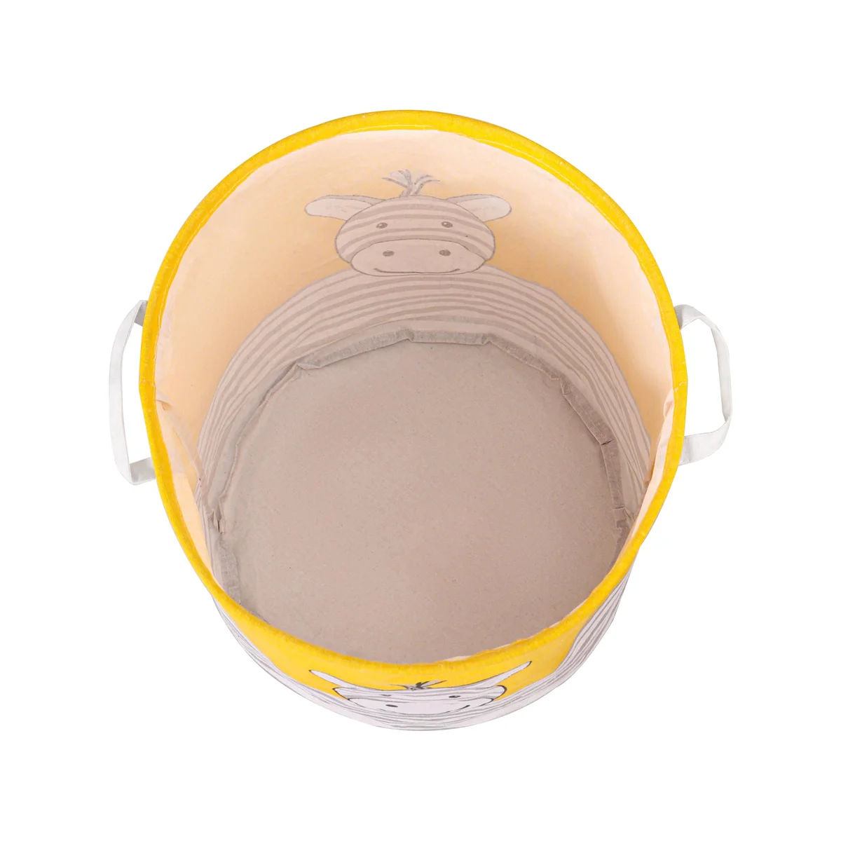 Two foldable children's laundry hampers with zebra face print in yellow, gray, and white, placed on wooden floor