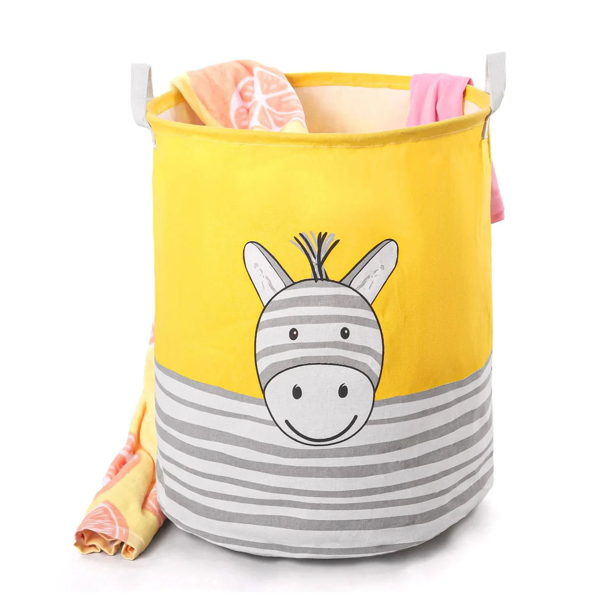 Two foldable kids laundry baskets with yellow, gray, and white zebra face patterns, made from cotton with waterproof lining