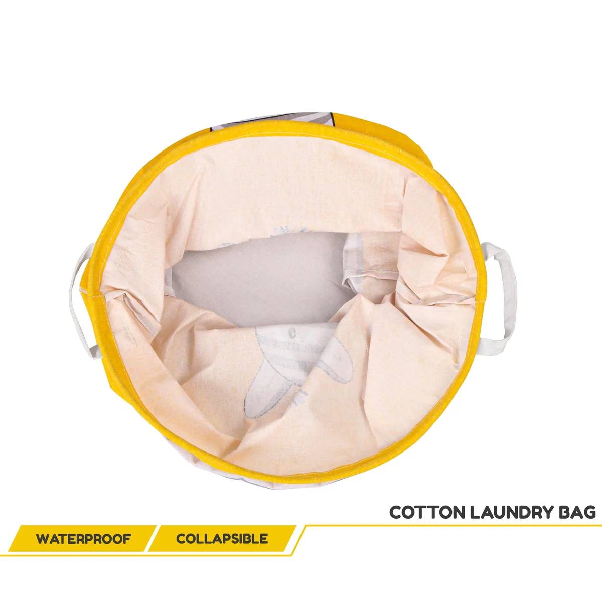 Two foldable kids laundry baskets with zebra face print in yellow, gray, and white, made from cotton with waterproof lining