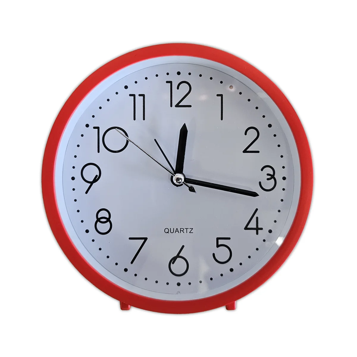Retro style analog table and wall clock with bold white numbers, black frame, and soft night light illumination