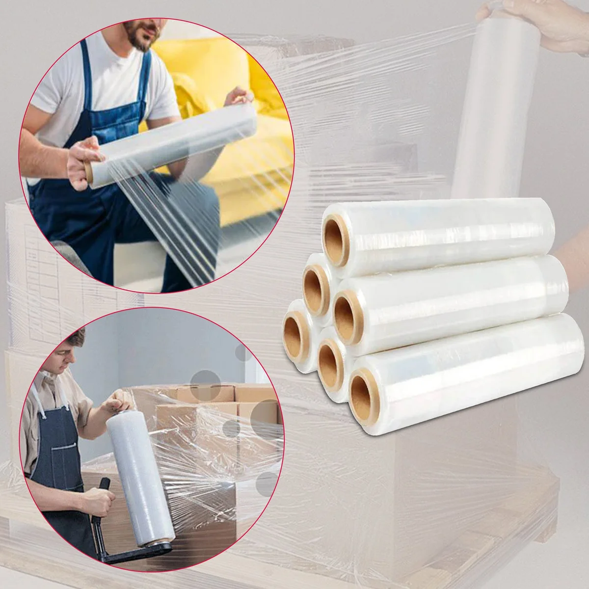 Roll of transparent pallet stretch wrap with clear, heavy-duty plastic film on white background