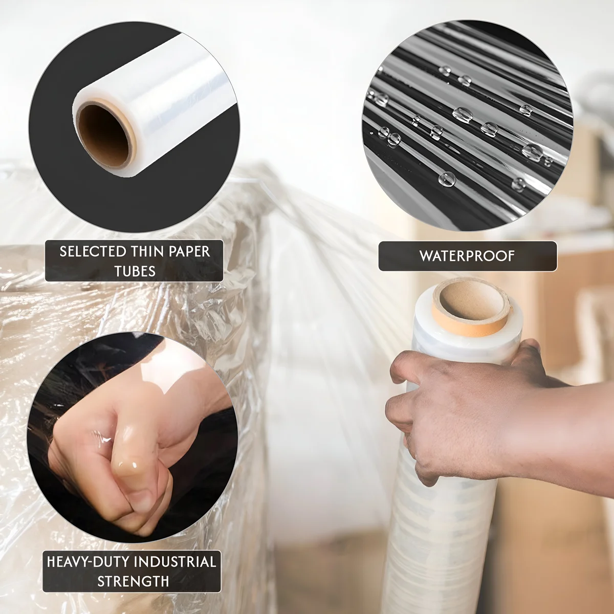 Roll of transparent heavy duty pallet wrap with clear film, shown against white background for packaging use