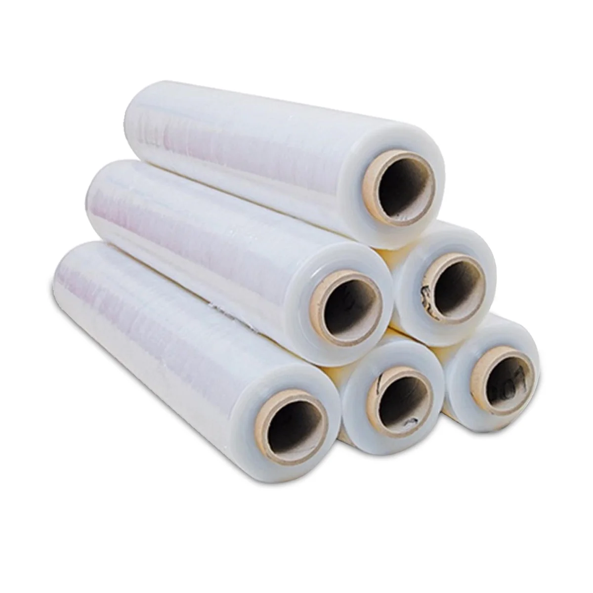 Roll of heavy-duty clear pallet wrapping film with transparent, waterproof, self-adhesive cling for secure packaging