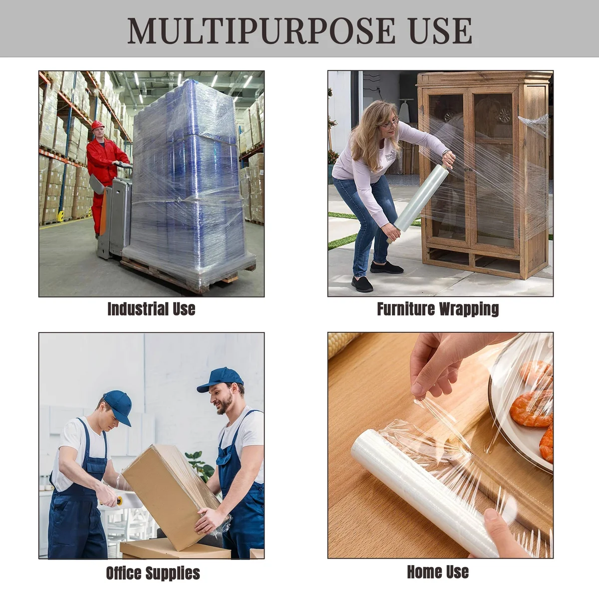 Roll of transparent self adhesive pallet wrap showing clear, heavy-duty stretch film for secure packaging and shipping