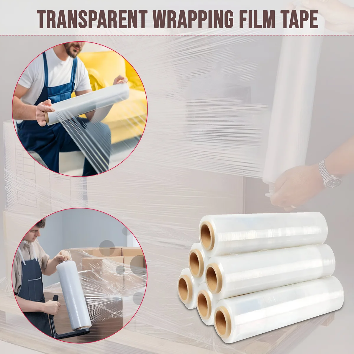 Roll of transparent heavy-duty industrial stretch wrap for pallet wrapping, waterproof and tear-resistant film on white background