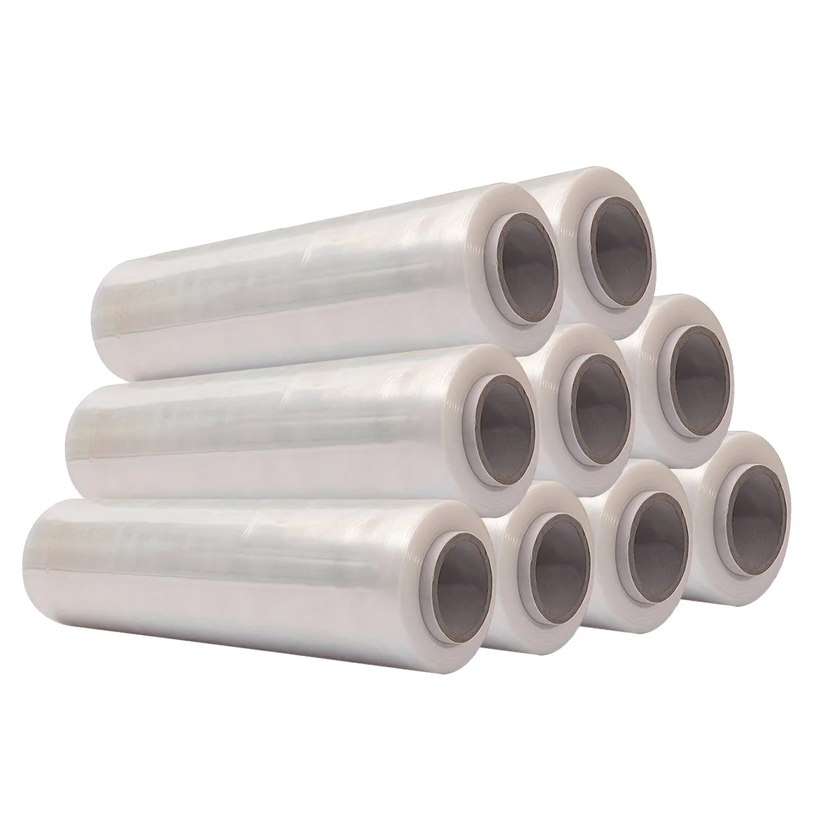 Roll of transparent pallet stretch wrap showing clear, heavy-duty waterproof film for secure pallet wrapping