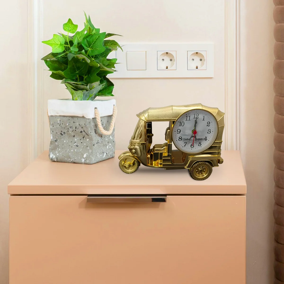 Modern three-wheeler unique design clock in plastic with analogue display, ideal for desktop decoration and gifts