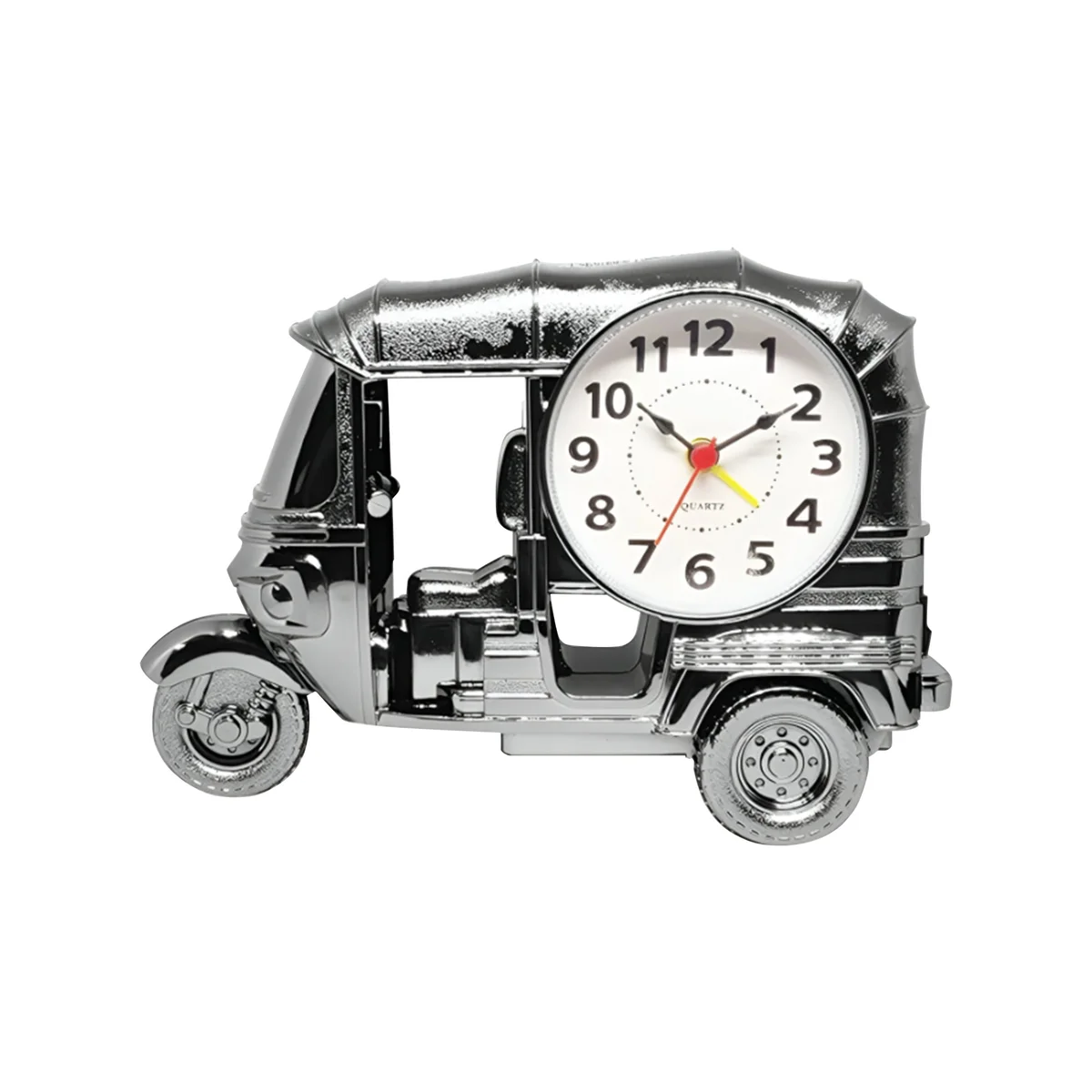 Modern three-wheeler shaped indoor decorative clock in plastic, ideal for desk or tabletop use with analogue display