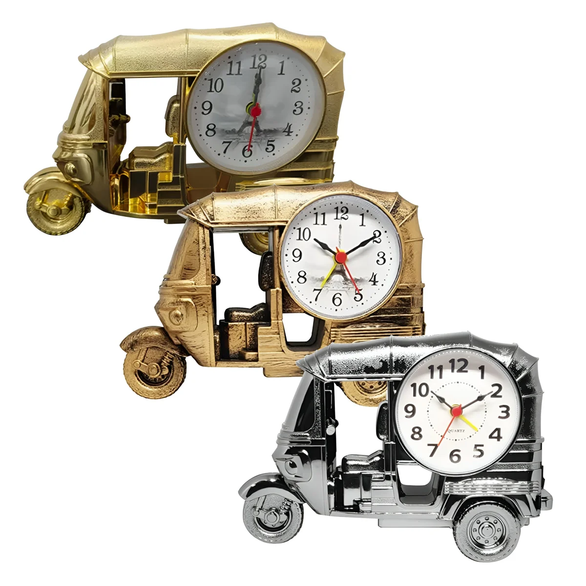 Modern three wheeler clock gift in plastic with analogue display, shown on a wooden desk background for home decor