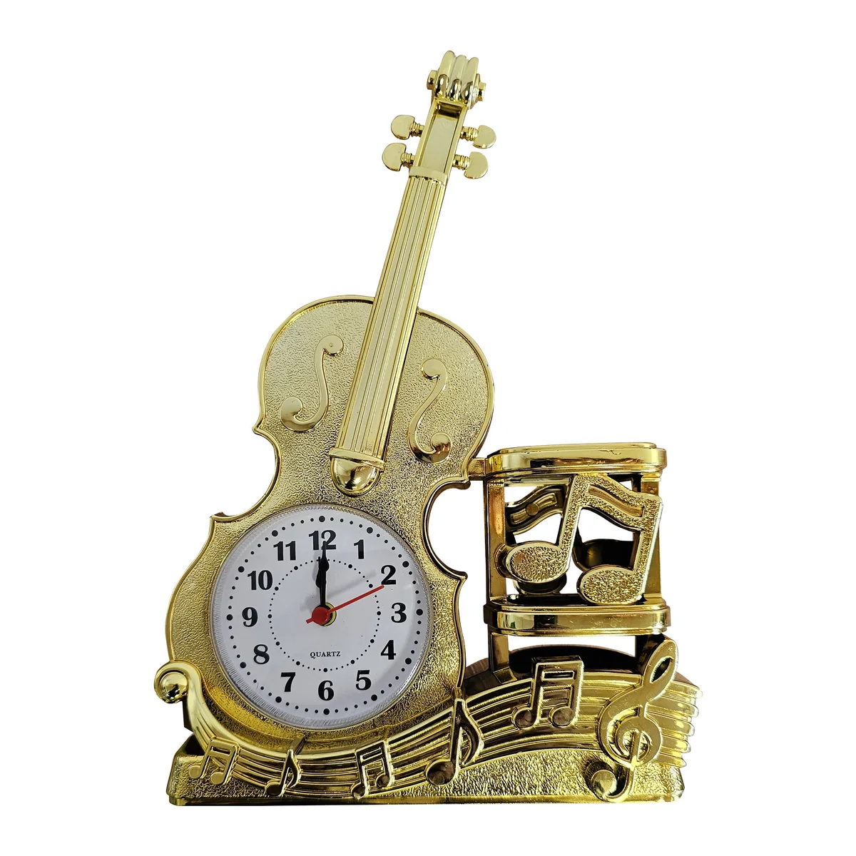 Vintage style violin-shaped analog alarm clock with pen holder in shiny black finish on white background