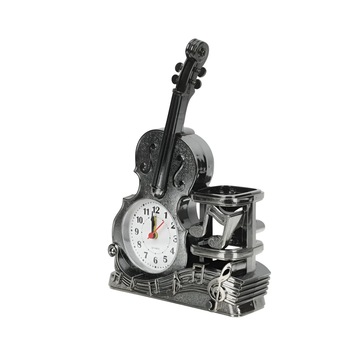 Vintage style violin-shaped desk pen holder with built-in analog alarm clock in brushed copper finish