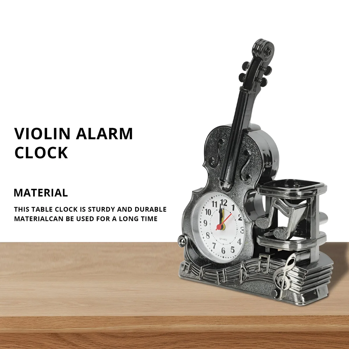 Vintage-style violin alarm clock with pen holder in brushed copper, ideal music lover gift for desk decor and organization