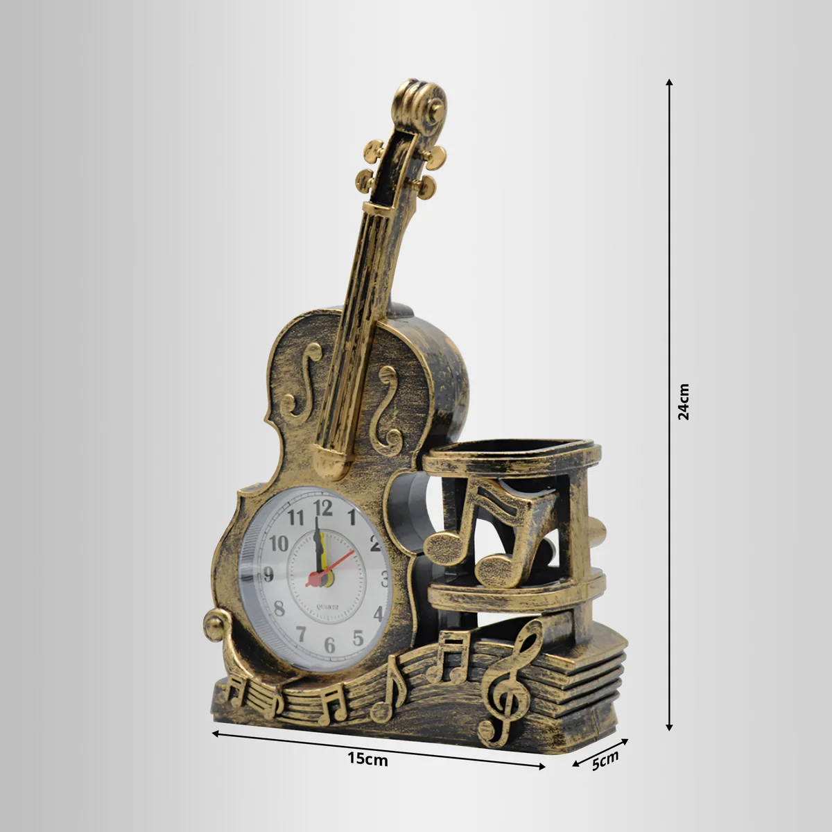 Vintage style violin-shaped decorative desk clock with pen holder in French Gold finish on wooden surface