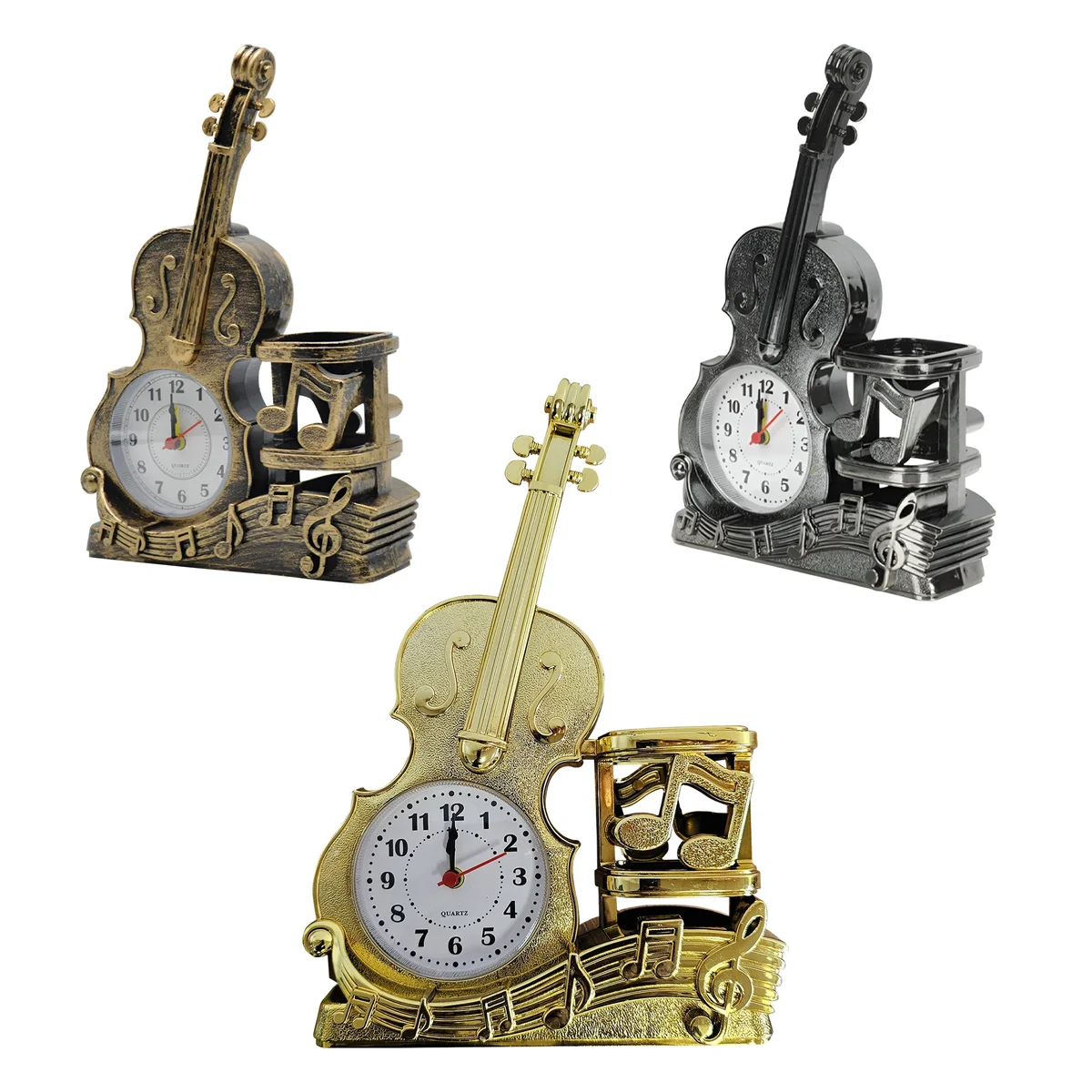 Vintage style violin alarm clock with integrated pen holder in shiny black finish on a white background
