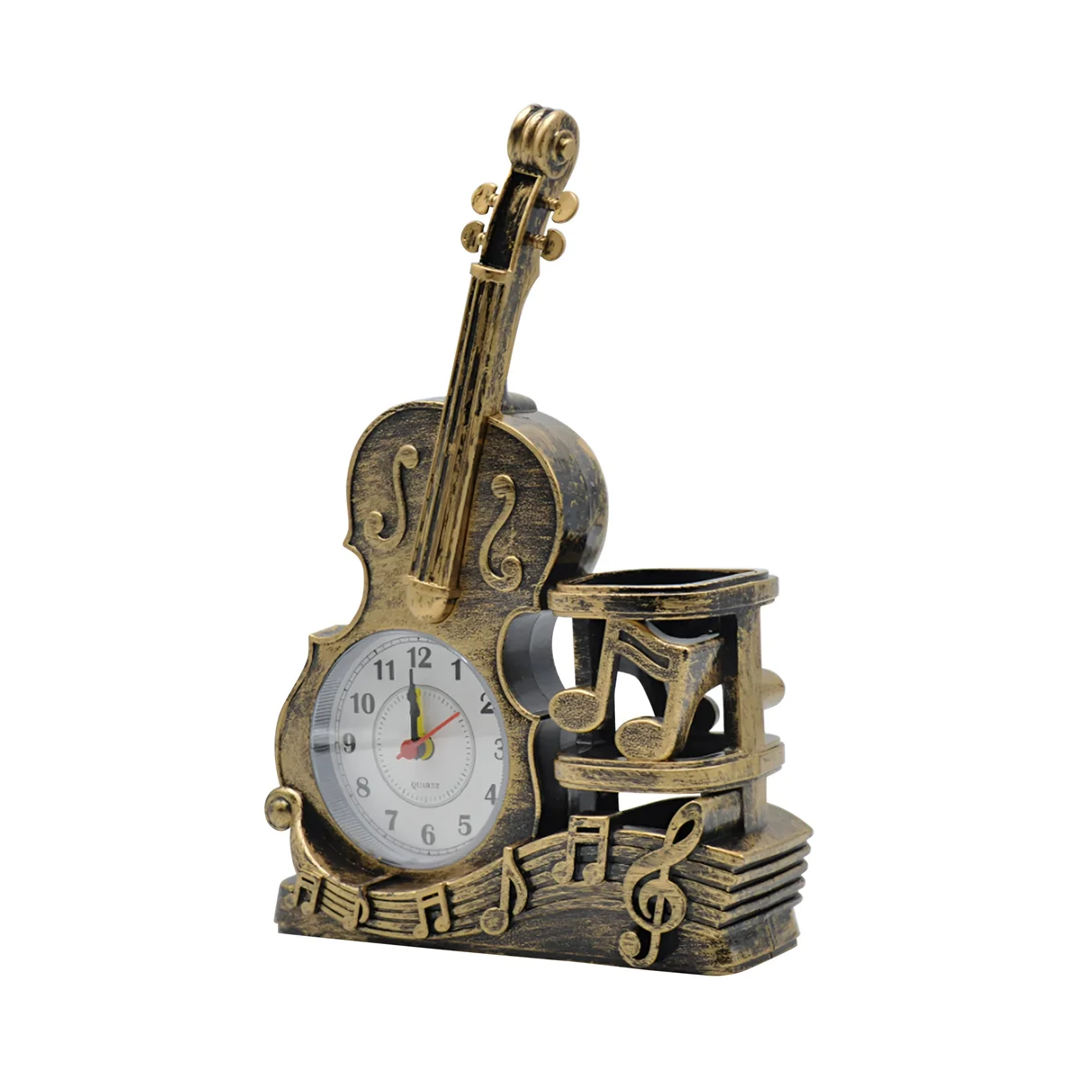 Vintage style violin alarm clock in shiny black with integrated pen holder on a wooden desk surface