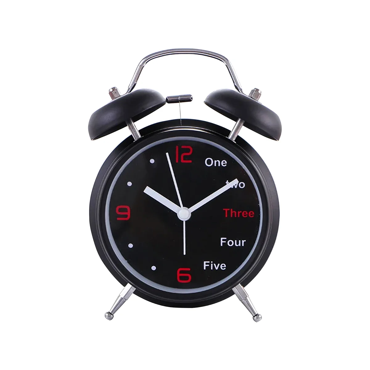 Retro-style double bell loud alarm clock with metal bells and clear analog display on a white background