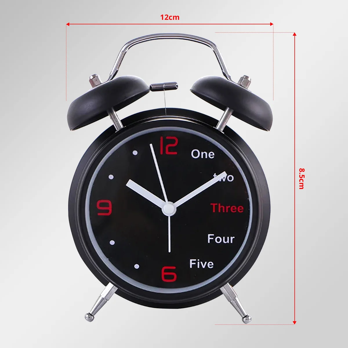 Retro twin bell clock with metal bells, black round face, white numbers, and two metal handles on top