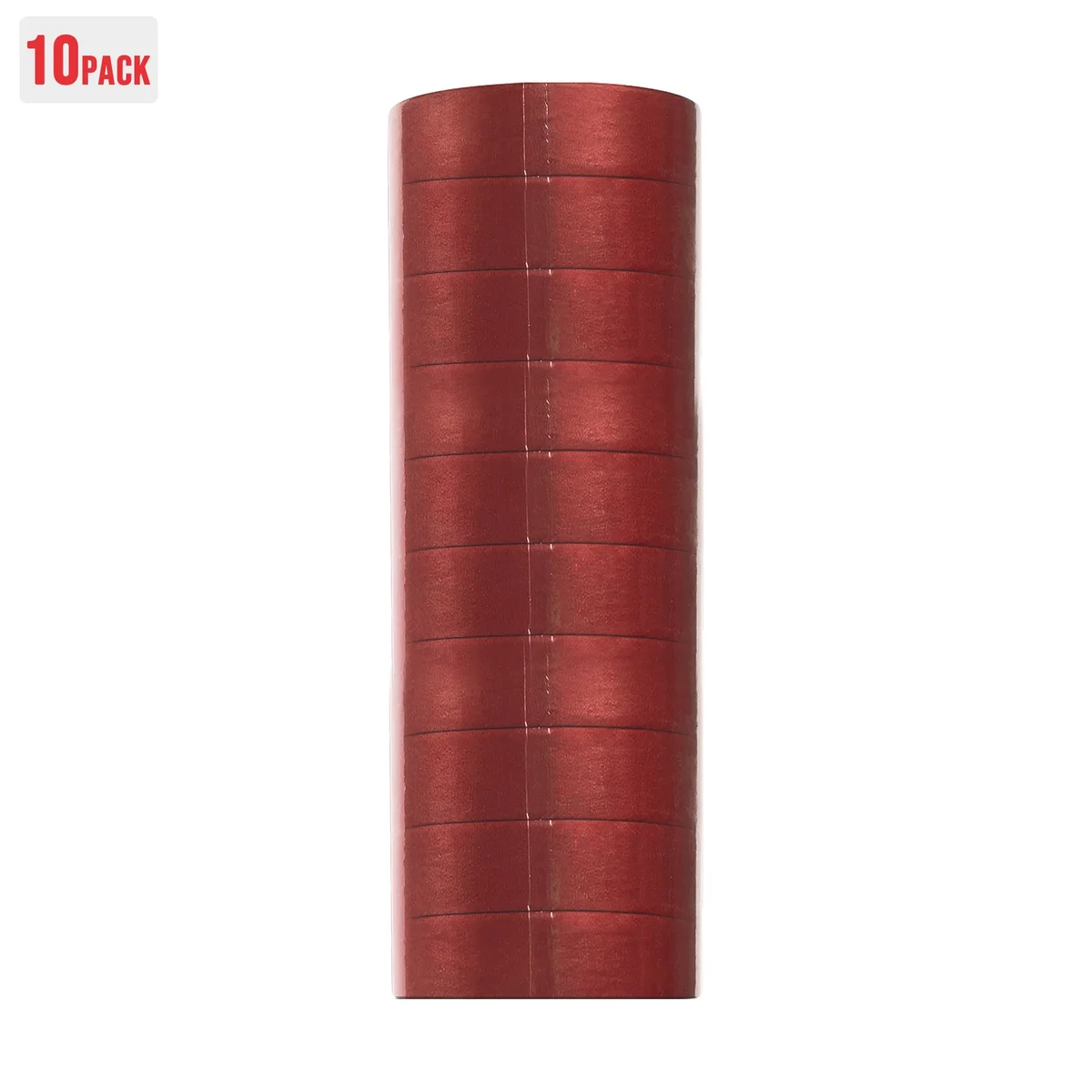 Ten rolls of red, white, and blue PVC electrical insulating tape stacked, showing vibrant colours and waterproof design