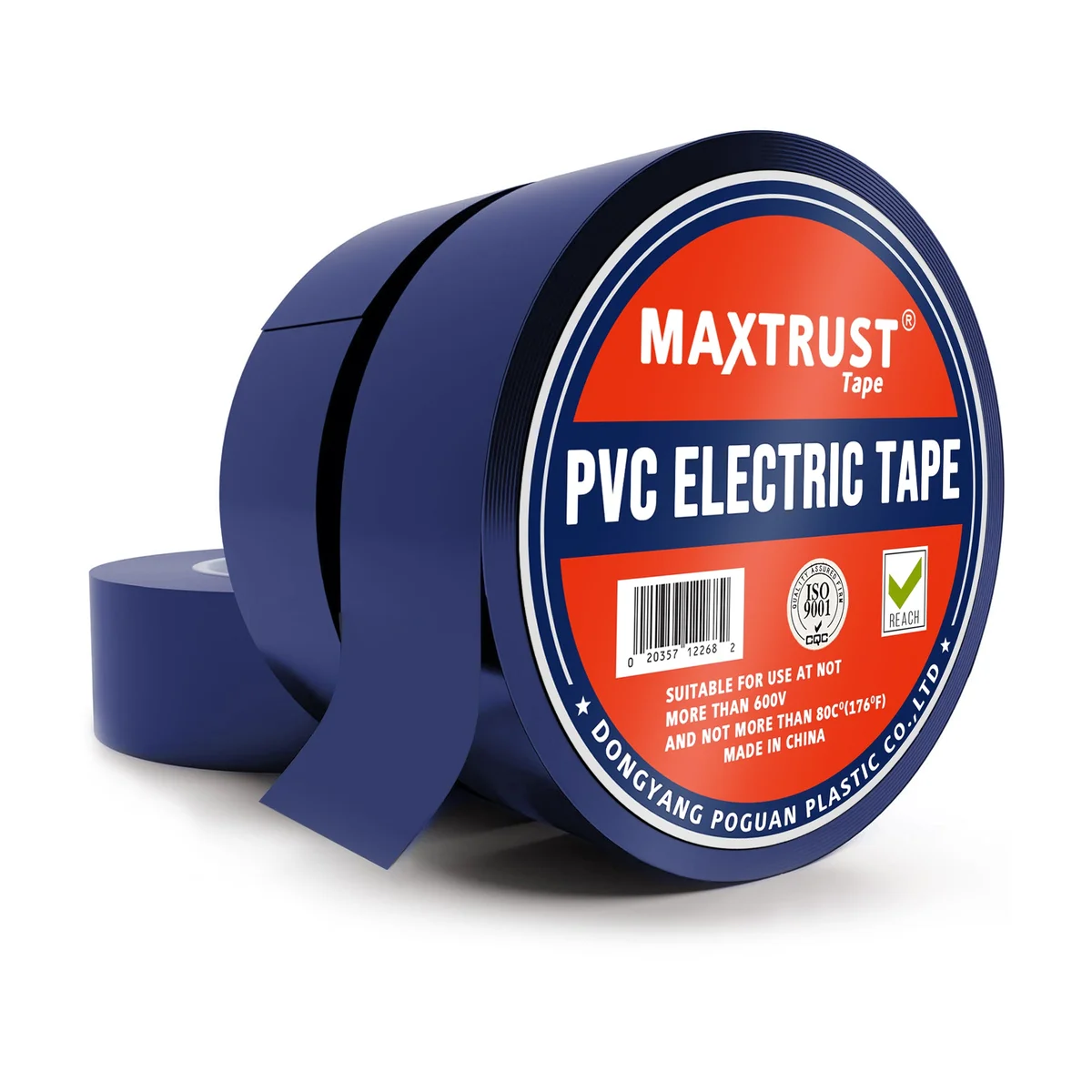 Ten rolls of red, white, and blue PVC electrical insulating tape stacked, showing flexible, waterproof, double-sided design
