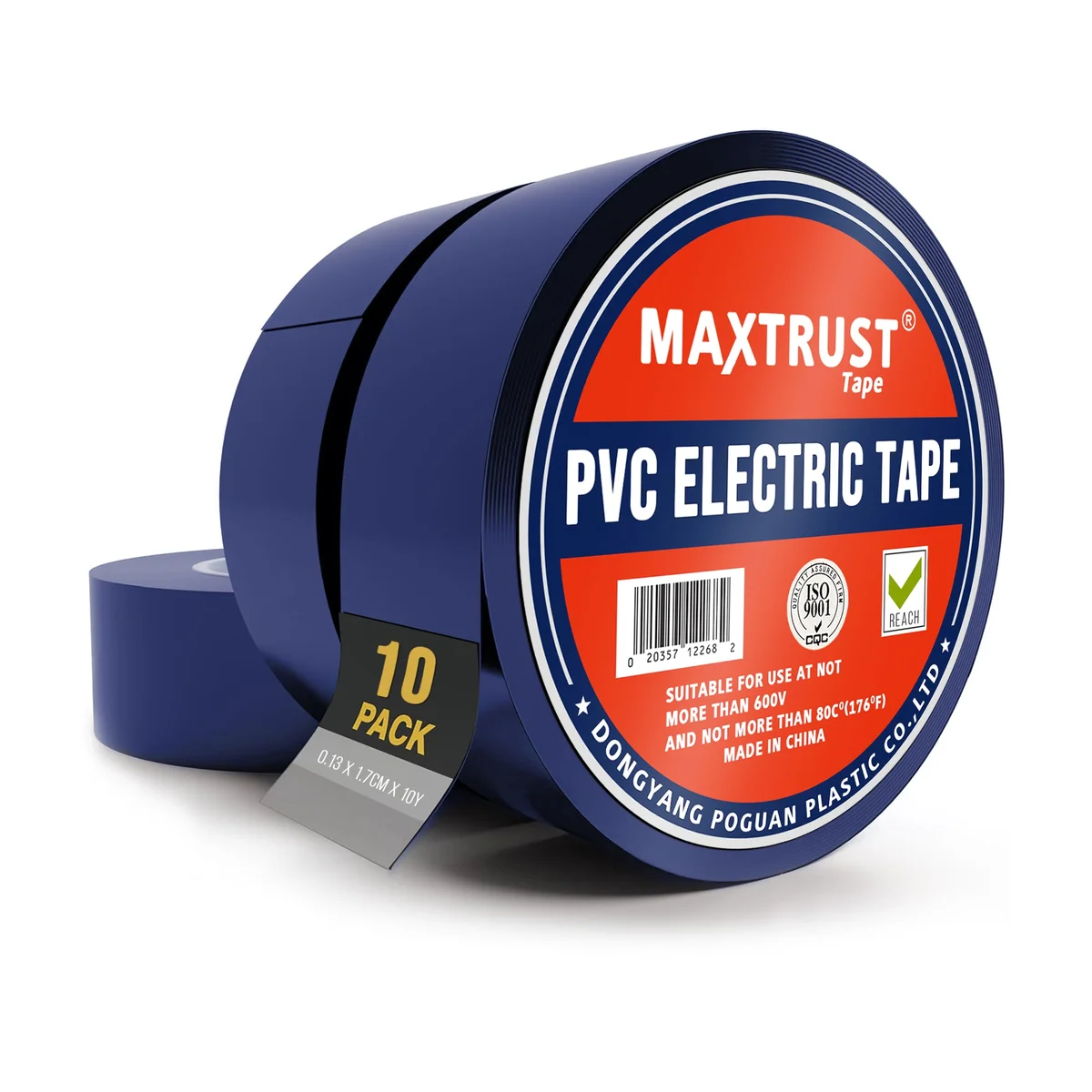 Ten rolls of red, white, and blue electrical insulating tape stacked, showing double-sided waterproof PVC material and labels
