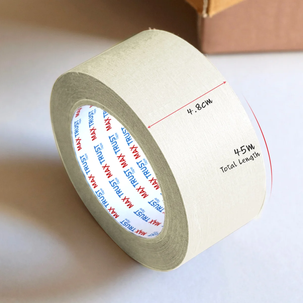Roll of thin masking tape made from crepe paper, 4.8 cm wide, ideal for clean paint lines and easy removal