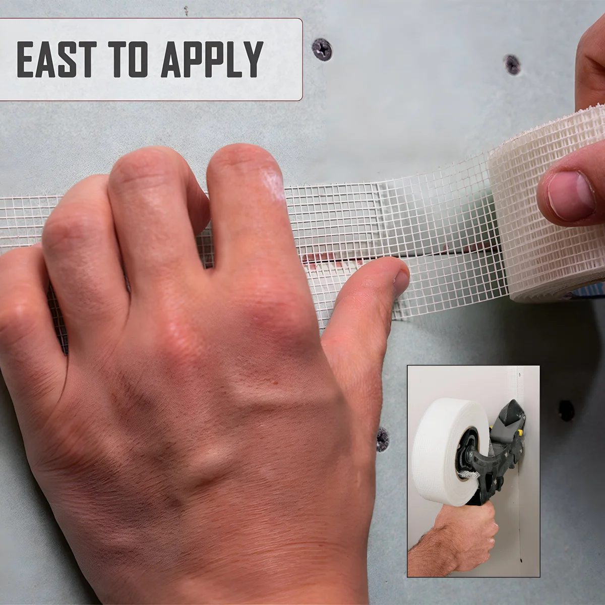 Roll of professional self-adhesive fiberglass mesh drywall joint repair tape showing texture and mesh detail