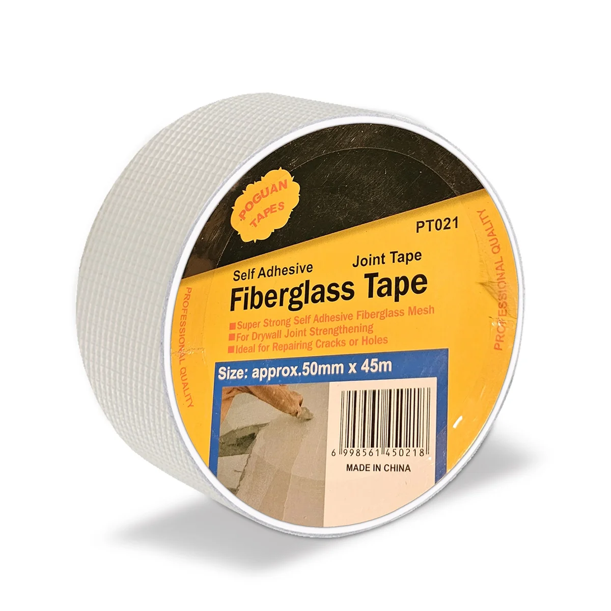 Roll of heavy duty fiberglass tape with self-adhesive backing for drywall joint repair and reinforcement