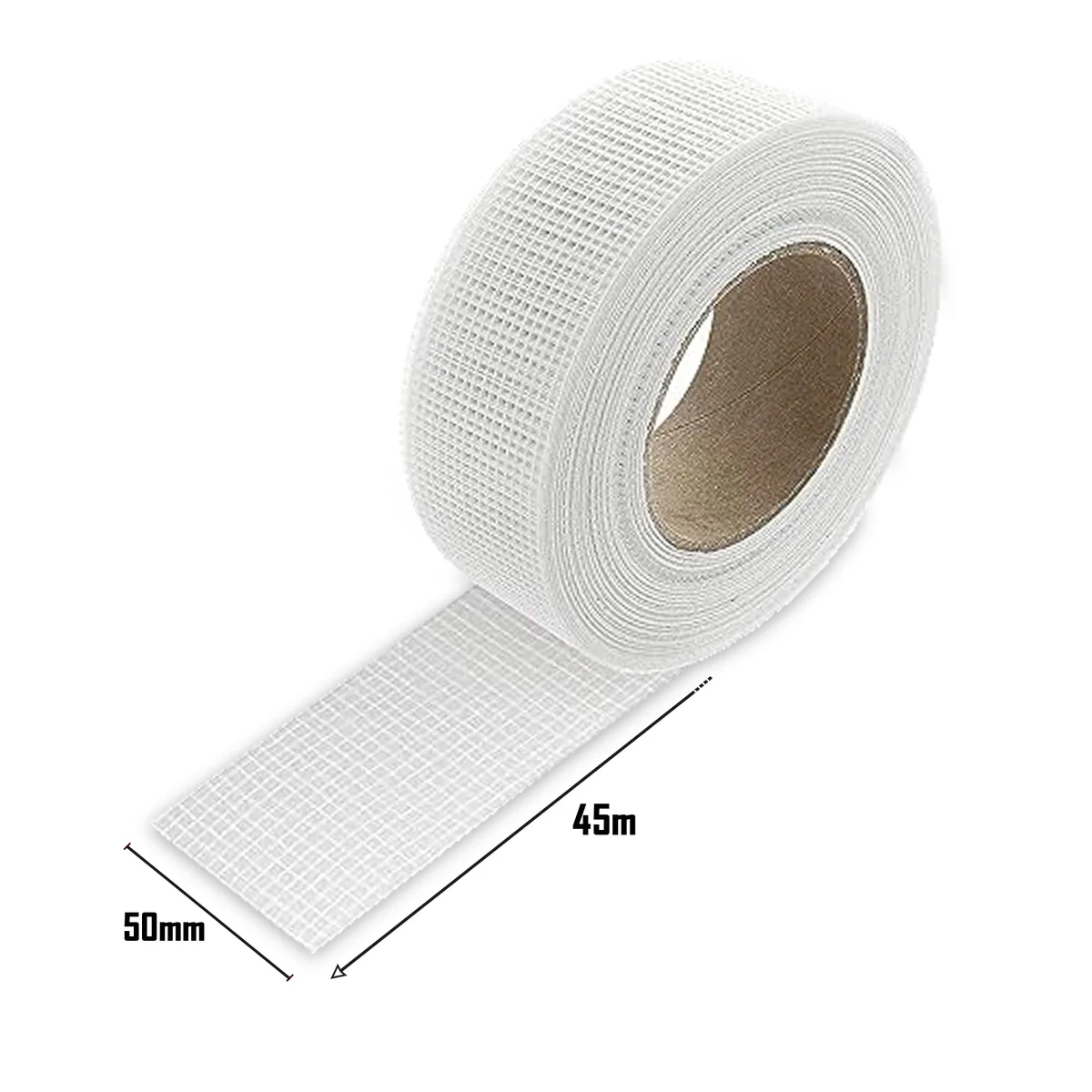 Close-up of professional self-adhesive fiberglass mesh tape roll showing mesh texture and adhesive backing on white background