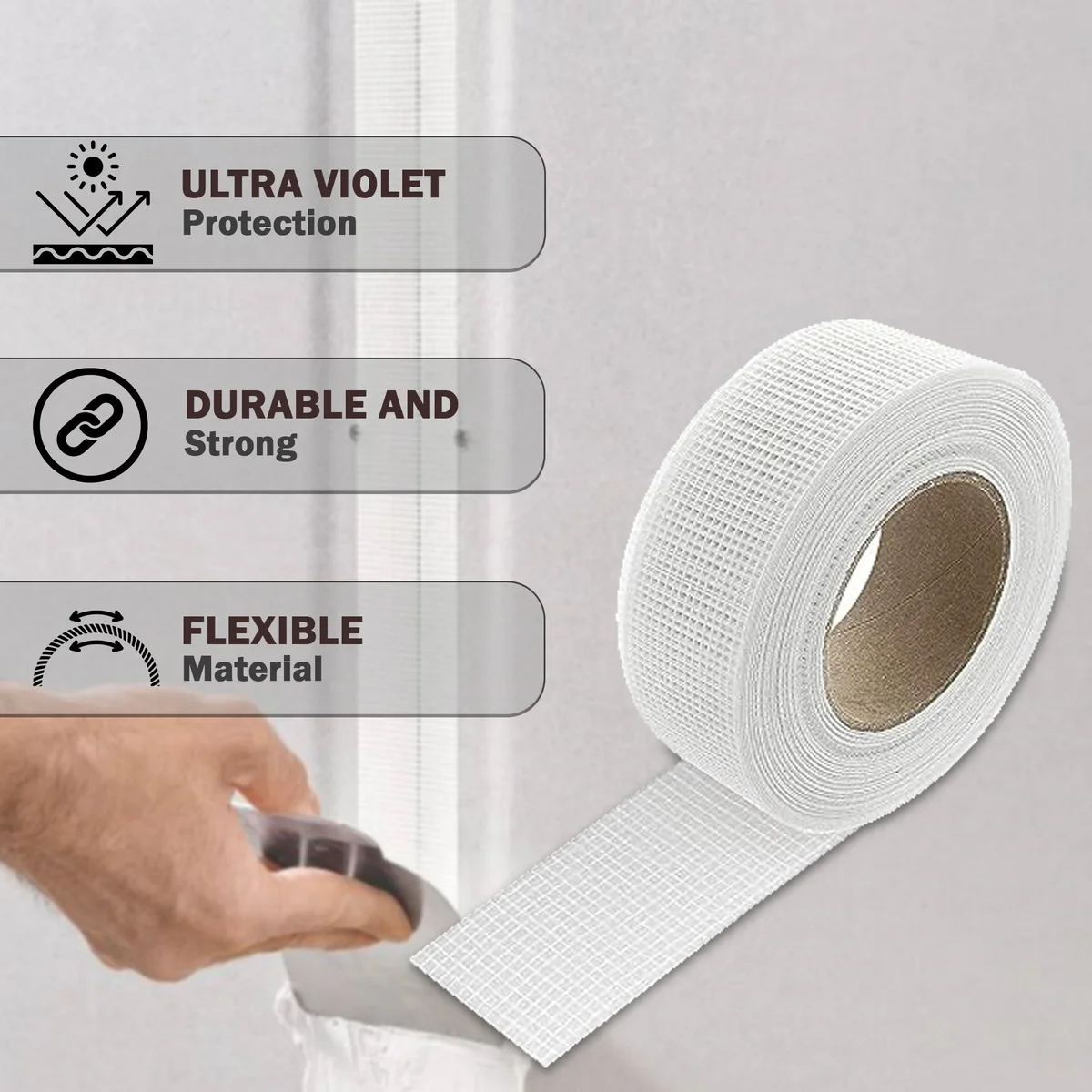 Roll of professional self-adhesive fiberglass mesh tape with high-tack backing for drywall joint repair, 50mm wide, 45m long