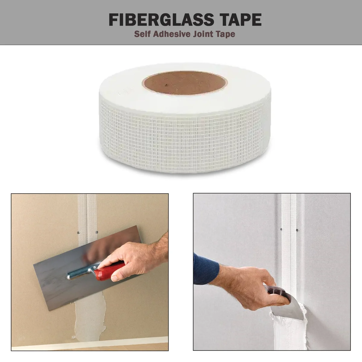 Roll of professional self-adhesive fiberglass mesh tape for drywall joint repair, 50mm wide and 45m long