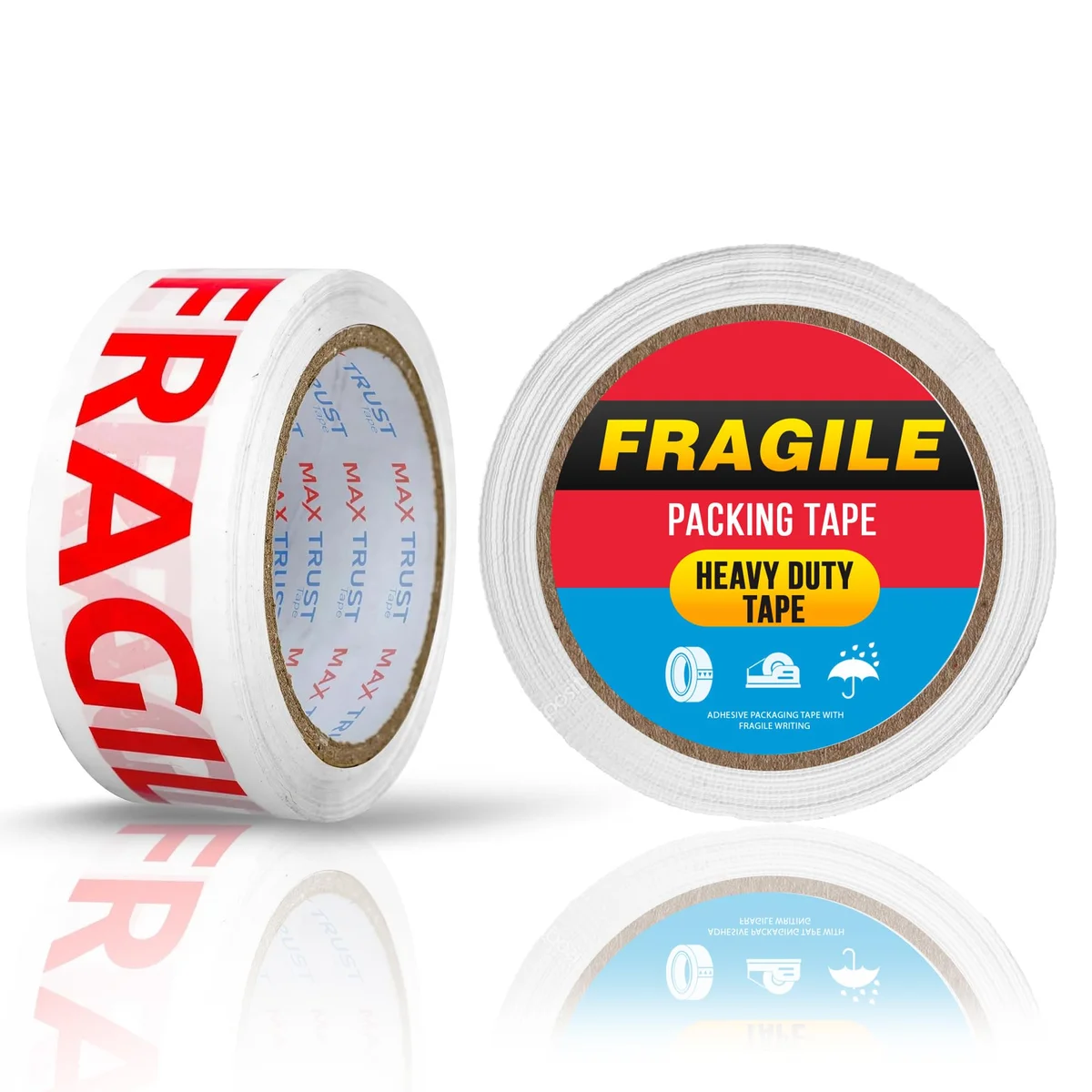 Roll of white and red fragile packaging tape with printed warning text on a plain white background