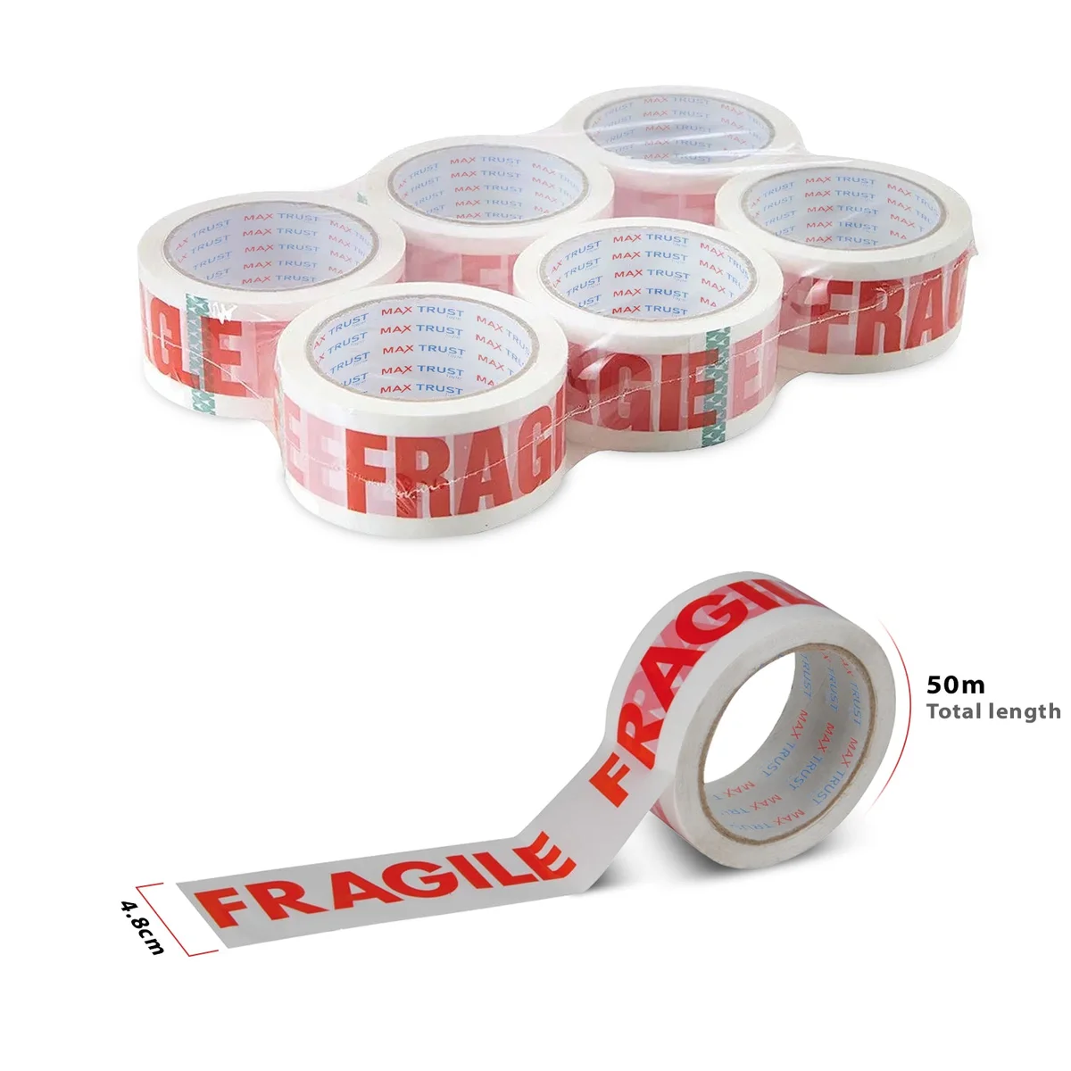 Roll of white and red fragile printed self adhesive tape for packaging and sealing cardboard boxes and cartons